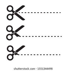 Flat black scissors and dotted or dashed perforation line icon. Cut lines 