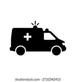 A flat, black silhouette of an ambulance is shown, featuring a distinctive, bold silhouette style.