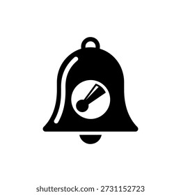 A flat, black silhouette of a bell with a visible clapper; the design uses a distinct silhouette style.