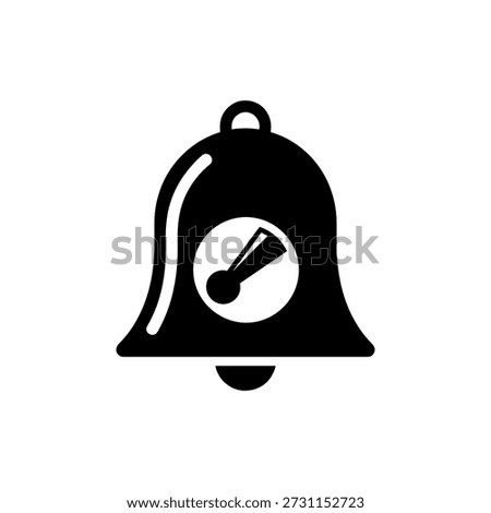 A flat, black silhouette of a bell with a visible clapper; the design uses a distinct silhouette style.