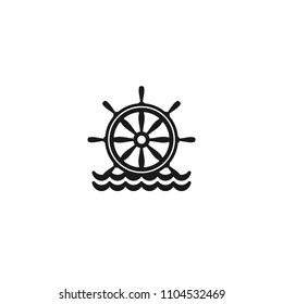 Flat black silhouette of helm on the water. Black symbol isolated on white background. Summertime  marine logo with steering wheel . Travel rudder logo. Vector illustration. 