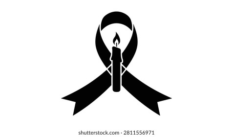 A flat black silhouette icon featuring a mourning ribbon combined with a lit candle, symbolizing remembrance, grief, or awareness for a cause.
