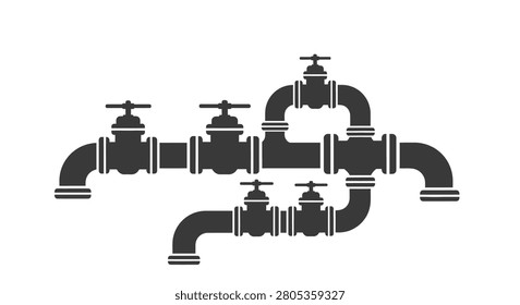 A flat black silhouette icon of an industrial pipe network featuring interconnected pipes and multiple shutoff valves