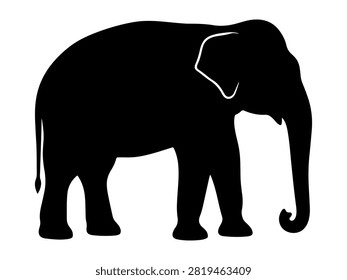 A flat black silhouette icon of a large elephant standing in profile isolated against a plain white background