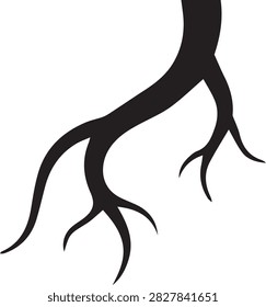 A flat black silhouette icon of a long diagonal tree root with smaller branching offshoots, ideal for nature, ecology, and botanical design projects