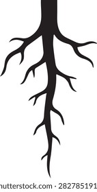 A flat black silhouette icon of a single tall taproot with small branching offshoots, ideal for nature, growth, and botanical design projects