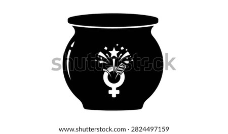 A flat black silhouette illustration of a magic cauldron featuring a white female gender symbol surrounded by fireworks and star accents on a white background