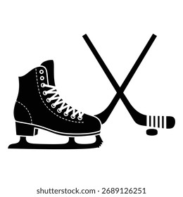 A flat black silhouette illustration of a single ice skate with white lace details, positioned next to a crossed hockey stick, isolated on white background.