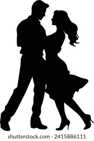 Flat black silhouette of romantic couple dancing vector clipart for love valentine partner people illustration design