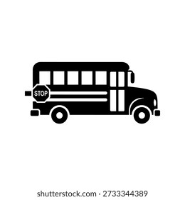 A flat, black silhouette of a school bus with a visible stop sign is a distinctive feature.