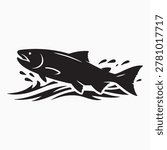 A flat black silhouette vector icon of a Chinook salmon swimming powerfully upstream against a strong current. Designed in a clean, minimalist style with no shading or details, this freshwater‑themed graphic is ideal for wildlife branding, fishing visuals, or educational materials on salmon migration.