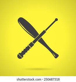 Flat black silhouette vector icon for crossed baseball bat and telescopic baton for self defense on yellow background.