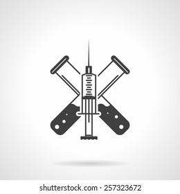Flat black silhouette vector icon for injection syringe and test-tubes with vaccine on white background.