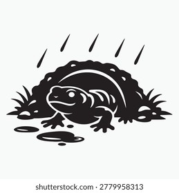A flat black silhouette vector icon of a tiger salamander emerging from an underground burrow after rain. Designed in a clean, minimalist style with no shading or details, this amphibian‑themed graphic is ideal for wildlife branding, ecological visuals, or educational materials on salamander behavior and habitat.