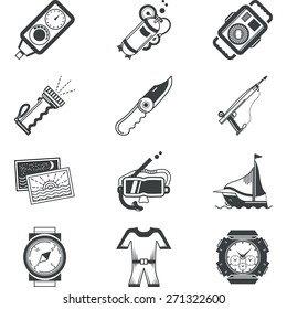 Flat black silhouette vector icons for diving equipment and accessory on white background. 