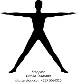 Flat black silhouette of young woman practicing yoga, doing Star pose or Five Pointed Star pose or Utthita Tadasana. Standing and Neutral. Vector illustration isolated on transparent background.