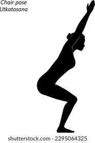 Flat black silhouette of young woman practicing yoga, doing Chair pose or Fierce pose or Utkatasana. Standing and Balancing. Beginner. Vector illustration isolated on transparent background.