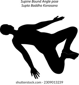 Flat black silhouette of young woman practicing yoga, doing Supine Bound Angle pose. Supta Baddha Konasana. Supine and Neutral. Beginner. Vector illustration isolated on transparent background.