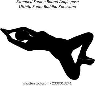 Flat black silhouette of young woman practicing yoga, doing Extended Supine Bound Angle pose. Utthita Supta Baddha Konasana. Supine and Neutral. Vector illustration isolated on transparent background.