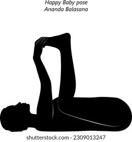 Flat black silhouette of young woman practicing yoga, doing Blissful Baby pose or Happy Baby or Dead Bug pose. Ananda Balasana. Supine. Vector illustration isolated on transparent background.