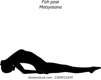 Flat black silhouette of young woman practicing yoga, doing Fish pose. Matsyasana. Supine and Backbend. Beginner. Vector illustration isolated on transparent background.