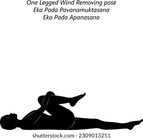 Flat black silhouette of young woman practicing yoga, doing One Legged Wind Removing pose. Eka Pada Pavanamuktasana. Eka Pada Apanasana. Supine. Forward Bend. Vector illustration.