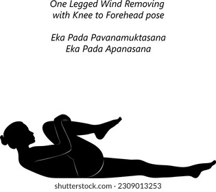 Flat black silhouette of young woman practicing yoga, doing One Legged Wind Removing with Knee to Forehead pose. Eka Pada Pavanamuktasana. Eka Pada Apanasana. Supine. Forward Bend. Vector illustration