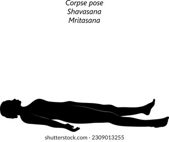 Flat black silhouette of young woman practicing yoga, doing Corpse pose. Shavasana or Mritasana. Supine and Neutral. Beginner. Vector illustration isolated on transparent background.