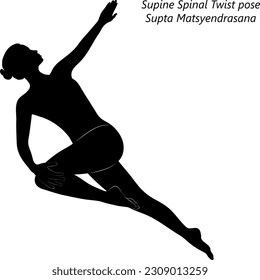 Flat black silhouette of young woman practicing yoga, doing Supine Spinal Twist pose. Supta Matsyendrasana. Supine and Twist. Beginner. Vector illustration isolated on transparent background.