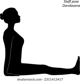 Flat black silhouette of young woman practicing yoga, doing Staff pose or Stick pose. Dandasana. Seated and Neutral. Beginner. Vector illustration isolated on transparent background.