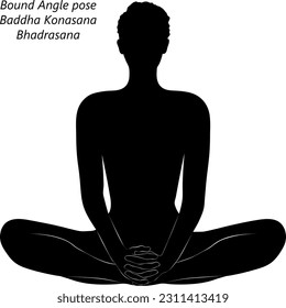 Flat black silhouette of young woman practicing yoga, doing Butterfly pose or Bound Angle pose. Baddha Konasana or Bhadrasana. Seated. Neutral. Vector illustration isolated on transparent background.