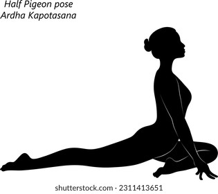 Flat black silhouette of young woman practicing yoga, doing Half Pigeon pose or Swan pose. Ardha Kapotasana. Seated and Backbend. Beginner. Vector illustration isolated on transparent background.