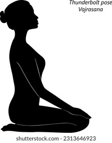 Flat black silhouette of young woman practicing yoga, doing Thunderbolt pose or Diamond pose or Kneeling pose. Vajrasana. Seated and Neutral. Vector illustration isolated on transparent background.