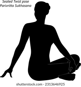 Flat black silhouette of young woman practicing yoga, doing Seated Twist pose. Parivritta Sukhasana. Seated and Twist. Beginner. Vector illustration isolated on transparent background.