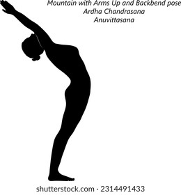 Flat black silhouette of young woman practicing yoga, doing Mountain with Arms Up and Backbend pose. Ardha Chandrasana. Anuvittasana. Vector illustration isolated on transparent background.		