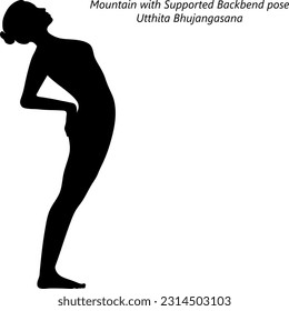 Flache schwarze Silhouette von jungen Frauen, die Yoga praktizieren, Berg mit Unterstützter Rückbeuge Pose oder Stehende Cobra Pose. Utthita Bhujangasana. Vektorgrafik einzeln auf transparentem Hintergrund		