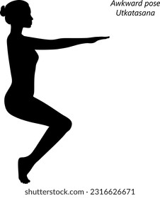 Flat black silhouette of young woman practicing yoga, doing Awkward pose. Utkatasana. Standing and Balancing. Beginner. Vector illustration isolated on transparent background.