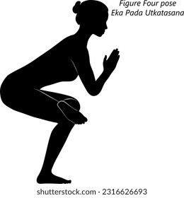 Flat black silhouette of young woman practicing yoga, doing Figure Four pose or Standing Pigeon or One Legged Chair pose. Eka Pada Utkatasana. Vector illustration isolated on transparent background.