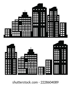 A flat black skyscraper and low-rise building silhouette set of vector illustrations of city buildings in silhouettes