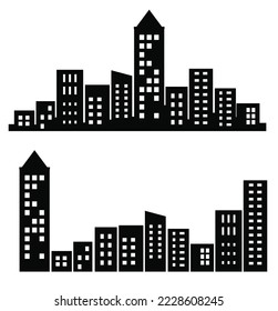 A flat black skyscraper and low-rise building silhouette set of vector illustrations of city buildings in silhouettes under various constructions are used on a white background