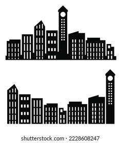 A flat black skyscraper and low-rise building silhouette set of vector illustrations of city buildings in silhouettes under various constructions are used on a white background