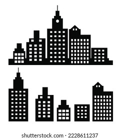 A flat black skyscraper and low-rise building silhouette set of vector illustrations of city buildings in silhouettes