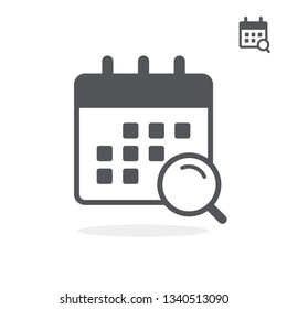 Flat black small and large icon of calendar with search. Vector illustration.