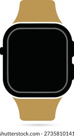 Plano de un reloj inteligente negro con correa beige vista frontal dispositivo de gadget de tecnología portátil