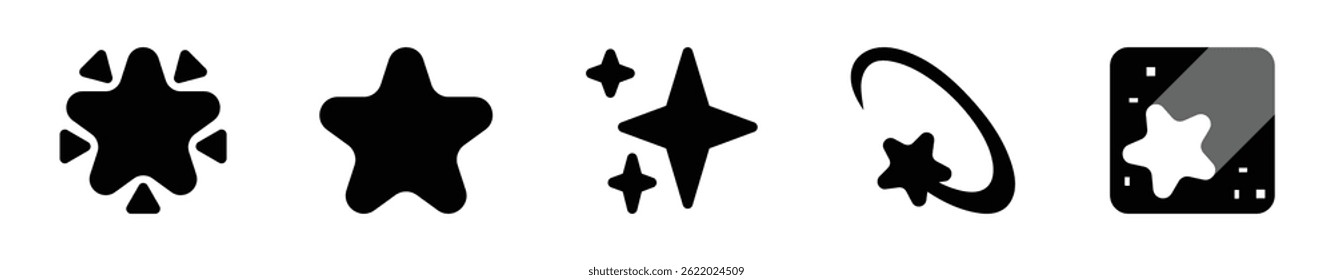 Ícone de estrela preta plana definido com vários estilos abstratos, clássicos, brilhantes, cometas e estilo de aplicativo. Ideal para projetos de interface do usuário, jogos, aplicativos, decorações e design digital. Ícones, vetor.