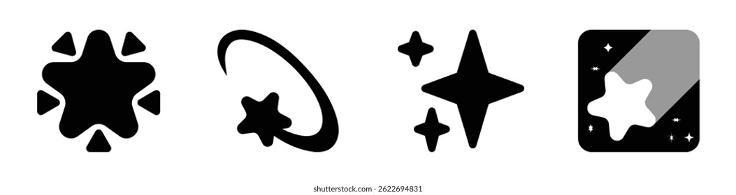 Ícone de estrela preta plana definido com vários estilos abstratos, clássicos, brilhantes, cometas e estilo de aplicativo. Ideal para projetos de interface do usuário, jogos, aplicativos, decorações e design digital. Vetor, ícone.
