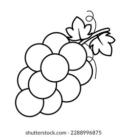 Flat Black Stroke Grapes Fruit in Doodle Cartoon for Healthy Food Kids Drawing and Coloring Book Isolated on White Background