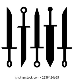 colección de espadas negras planas aisladas en blanco. arma, herramienta, equipo, cuchilla, espada, miniespada, gran espada, pala, silueta, logotipo, icono, ilustración vectorial,