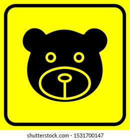 Flat black teddy bear head icon with yellow background. vector illustration