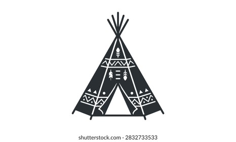 A flat black vector graphic of a conical teepee tent featuring geometric tribal patterns and symbols on a white background